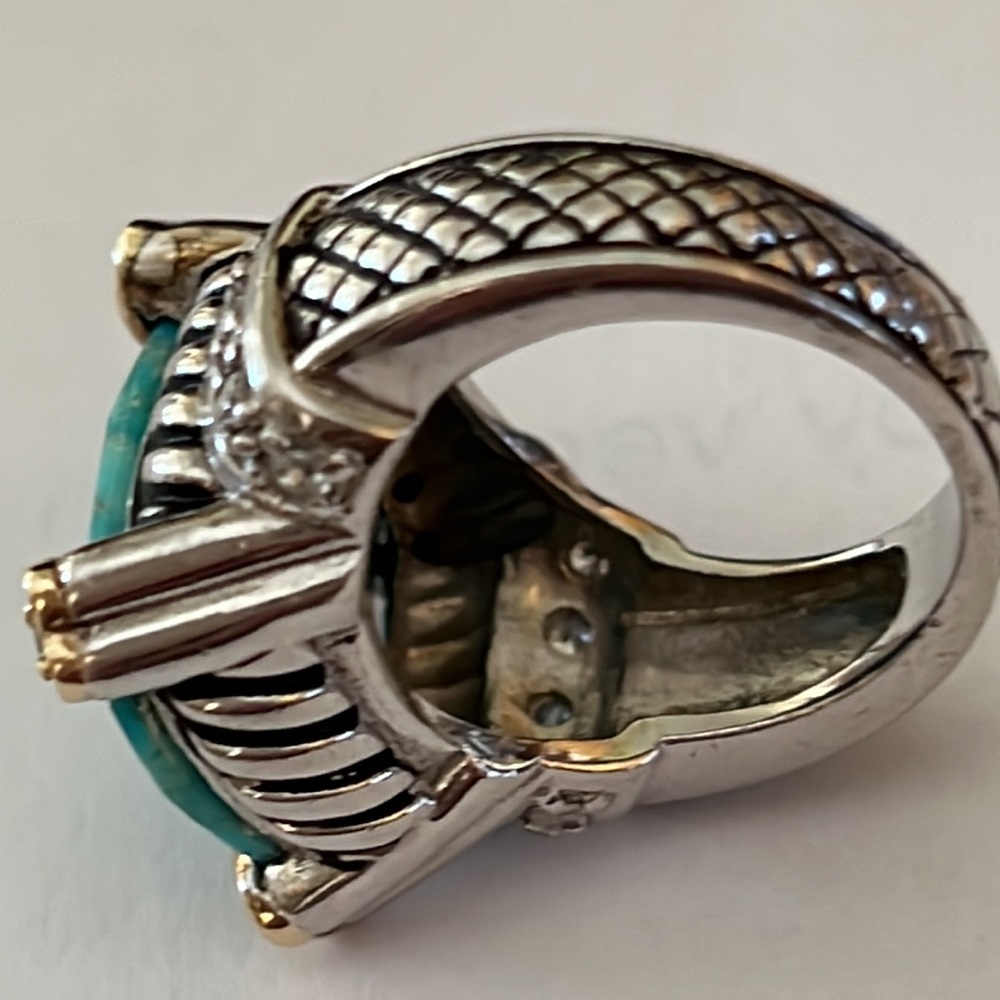 Lovely Checkerboard Faceted Turquoise Ring CZ Sterling Silver Ring Sz.7 - Picture 6 of 11